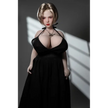 1ft 11in 60cm white female mini silicone sex doll with blonde hair, light skin and extra large breasts.