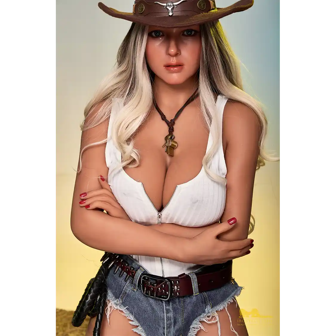 5ft 5in or 164cm curvy hybrid sex doll with long legs, long blonde hair, large breasts and blue eyes in a white tank top and short denim shorts in a cowboy hat.
