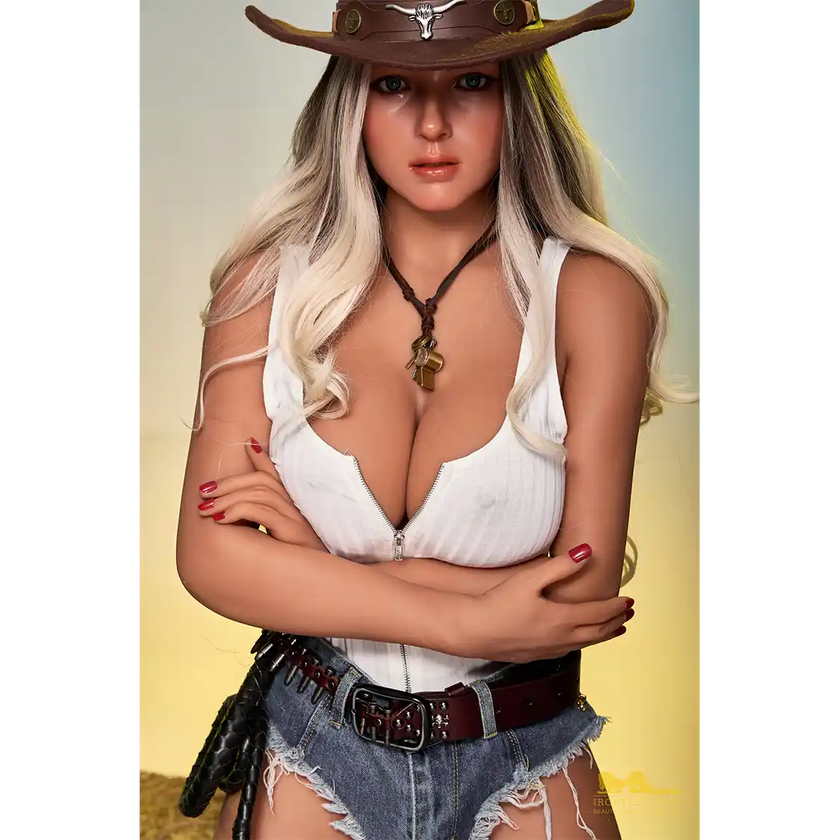 5ft 5in or 164cm curvy hybrid sex doll with long legs, long blonde hair, large breasts and blue eyes in a white tank top and short denim shorts in a cowboy hat.
