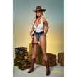 5ft 5in or 164cm curvy hybrid sex doll with long legs, long blonde hair, large breasts and blue eyes in a white tank top and short denim shorts in a cowboy hat.