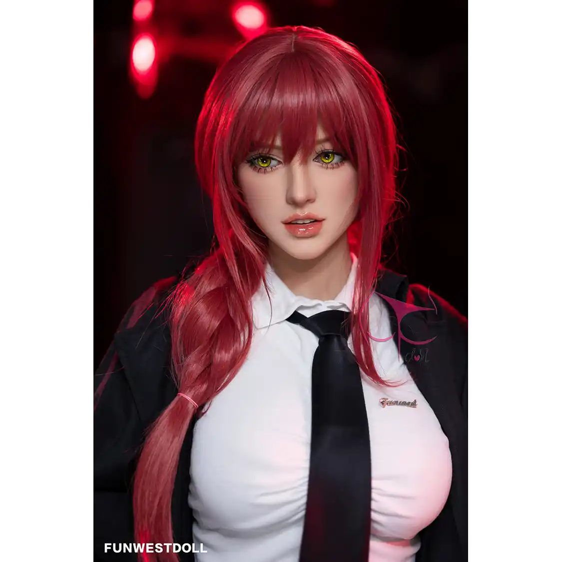 5ft 3in 162cm white female tpe sex doll with bright red hair, F-cup breasts, and curvy figure in an emo school girl outfit.