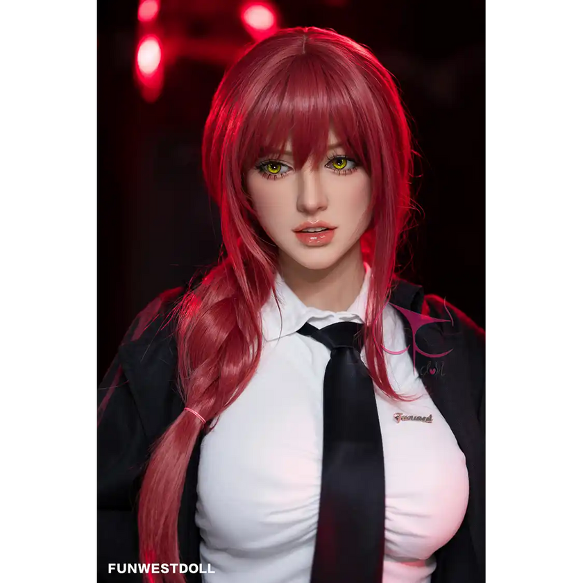 5ft 3in 162cm white female tpe sex doll with bright red hair, F-cup breasts, and curvy figure in an emo school girl outfit.
