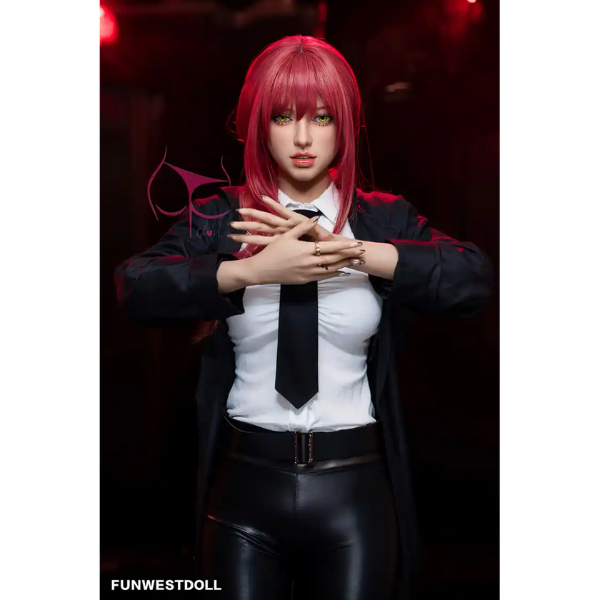 5ft 3in 162cm white female tpe sex doll with bright red hair, F-cup breasts, and curvy figure in an emo school girl outfit.