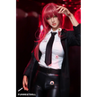 5ft 3in 162cm white female tpe sex doll with bright red hair, F-cup breasts, and curvy figure in an emo school girl outfit.