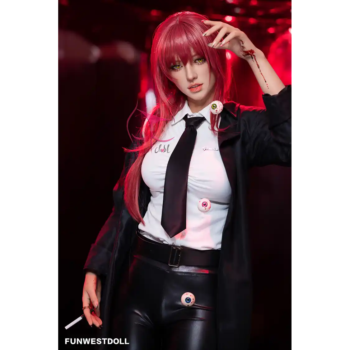 5ft 3in 162cm white female tpe sex doll with bright red hair, F-cup breasts, and curvy figure in an emo school girl outfit.