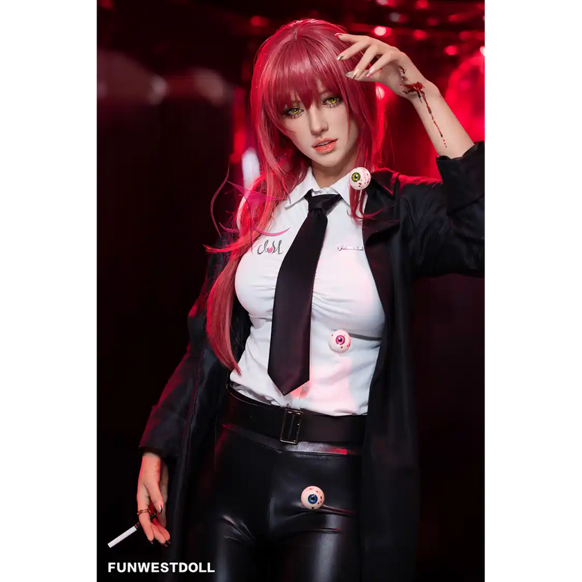 5ft 3in 162cm white female tpe sex doll with bright red hair, F-cup breasts, and curvy figure in an emo school girl outfit.