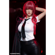 5ft 3in 162cm white female tpe sex doll with bright red hair, F-cup breasts, and curvy figure in an emo school girl outfit.