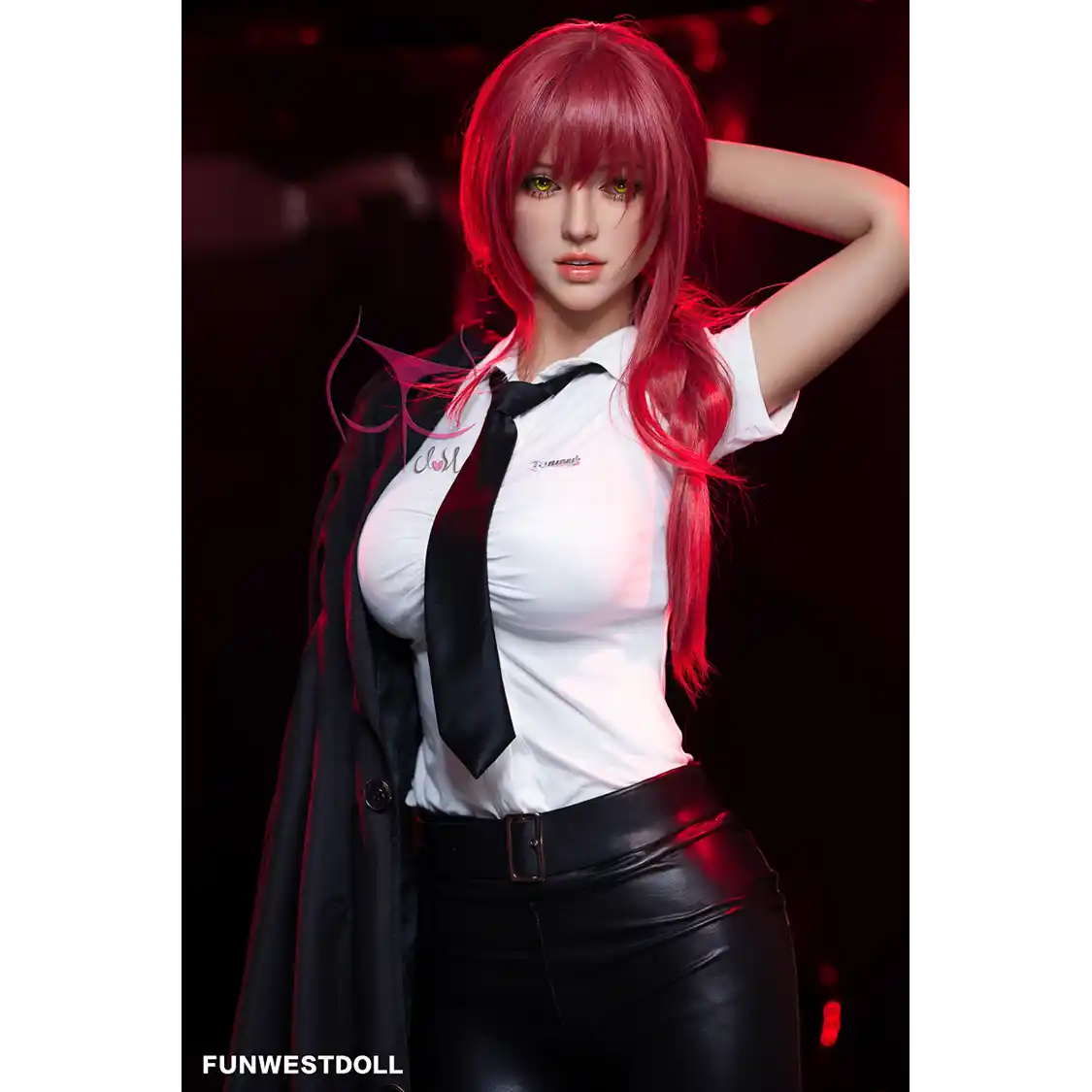 5ft 3in 162cm white female tpe sex doll with bright red hair, F-cup breasts, and curvy figure in an emo school girl outfit.