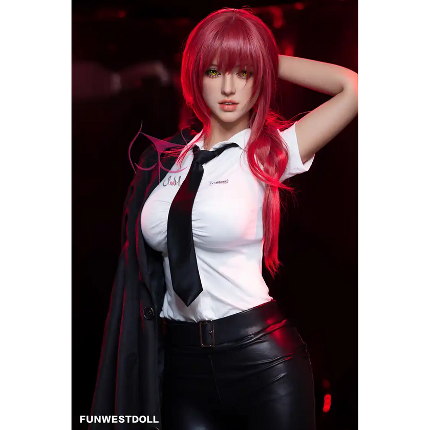 5ft 3in 162cm white female tpe sex doll with bright red hair, F-cup breasts, and curvy figure in an emo school girl outfit.