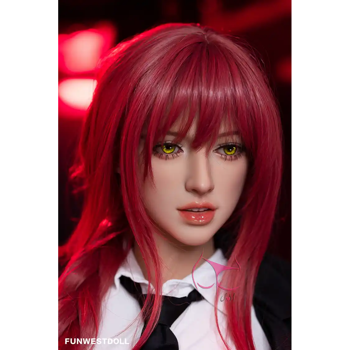 5ft 3in 162cm white female tpe sex doll with bright red hair, F-cup breasts, and curvy figure in an emo school girl outfit.