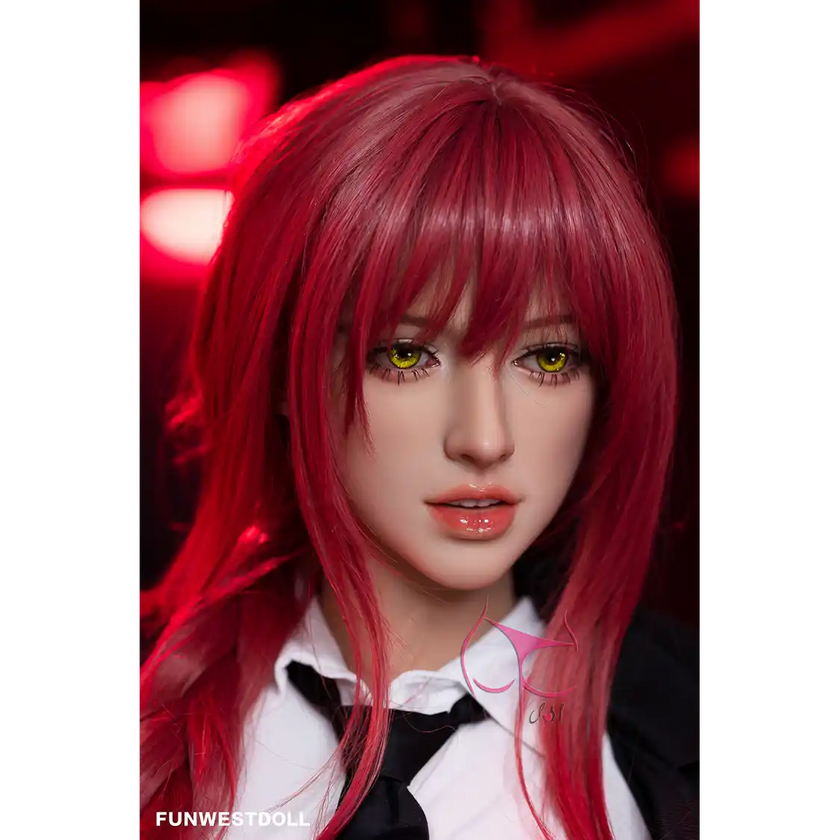 5ft 3in 162cm white female tpe sex doll with bright red hair, F-cup breasts, and curvy figure in an emo school girl outfit.