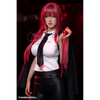 5ft 3in 162cm white female tpe sex doll with bright red hair, F-cup breasts, and curvy figure in an emo school girl outfit.