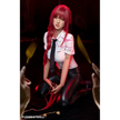 5ft 3in 162cm white female tpe sex doll with bright red hair, F-cup breasts, and curvy figure in an emo school girl outfit.