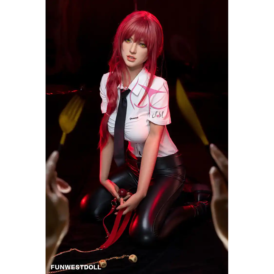 5ft 3in 162cm white female tpe sex doll with bright red hair, F-cup breasts, and curvy figure in an emo school girl outfit.