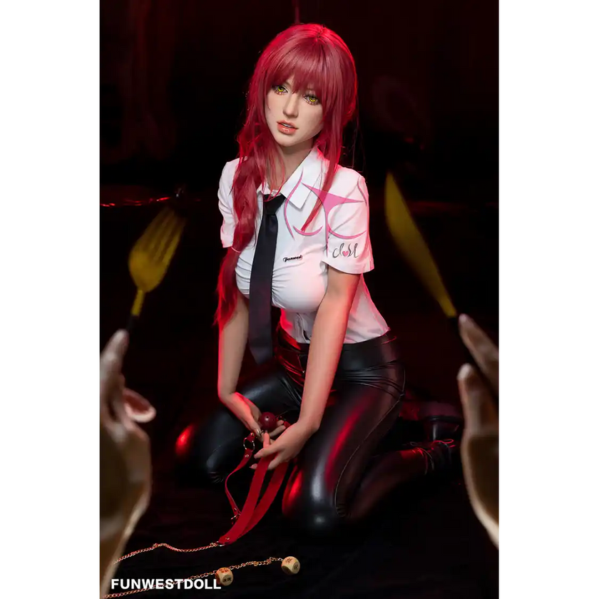 5ft 3in 162cm white female tpe sex doll with bright red hair, F-cup breasts, and curvy figure in an emo school girl outfit.