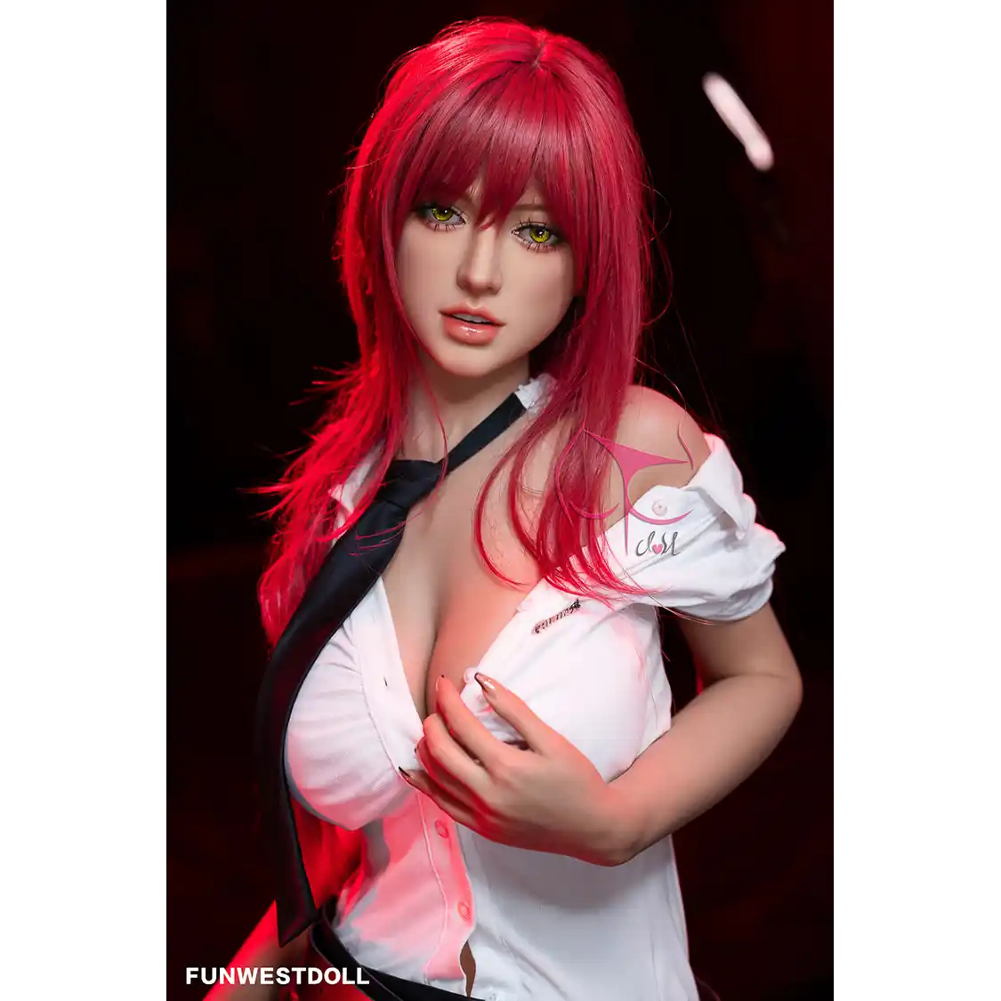 5ft 3in 162cm white female tpe sex doll with bright red hair, F-cup breasts, and curvy figure in an emo school girl outfit.