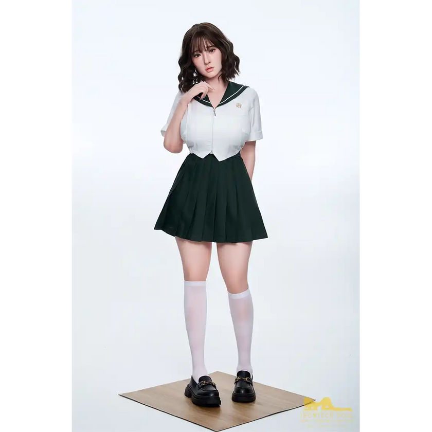 5ft 4in or 162cm curvy hyper realistic silicone sex doll with long legs, long blonde hair, very large breasts, big butt and brown eyes in a school girl outfit.