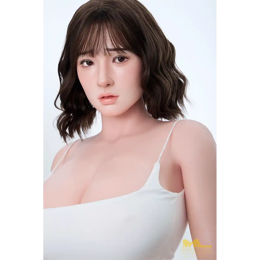 5ft 4in or 162cm curvy hyper realistic silicone sex doll with long legs, long blonde hair, very large breasts, big butt and brown eyes in a school girl outfit.