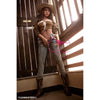 5ft 2in 158cm caucasian silicone sex doll with a slim figure, C-Cup breasts and brown hair in a western outfit.