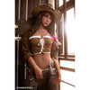 5ft 2in 158cm caucasian silicone sex doll with a slim figure, C-Cup breasts and brown hair in a western outfit.