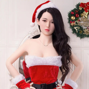 Very realistic hybrid Asian sex doll with a TPE body and silicone head. slim body light skin long black hair and e-cup breasts.