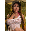 5ft 1in caucasian female TPE sex doll with brunette hair, large breasts, athletic figure and military style outfit.