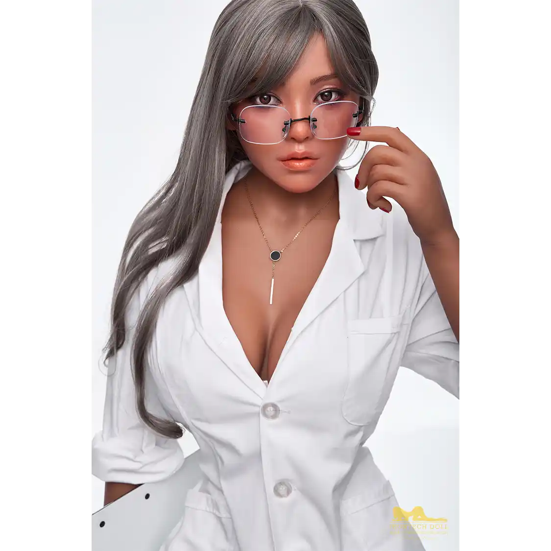 5ft 5in or 164cm curvy hybrid sex doll with long legs, long silver hair, large breasts and brown eyes in a white labcoat.