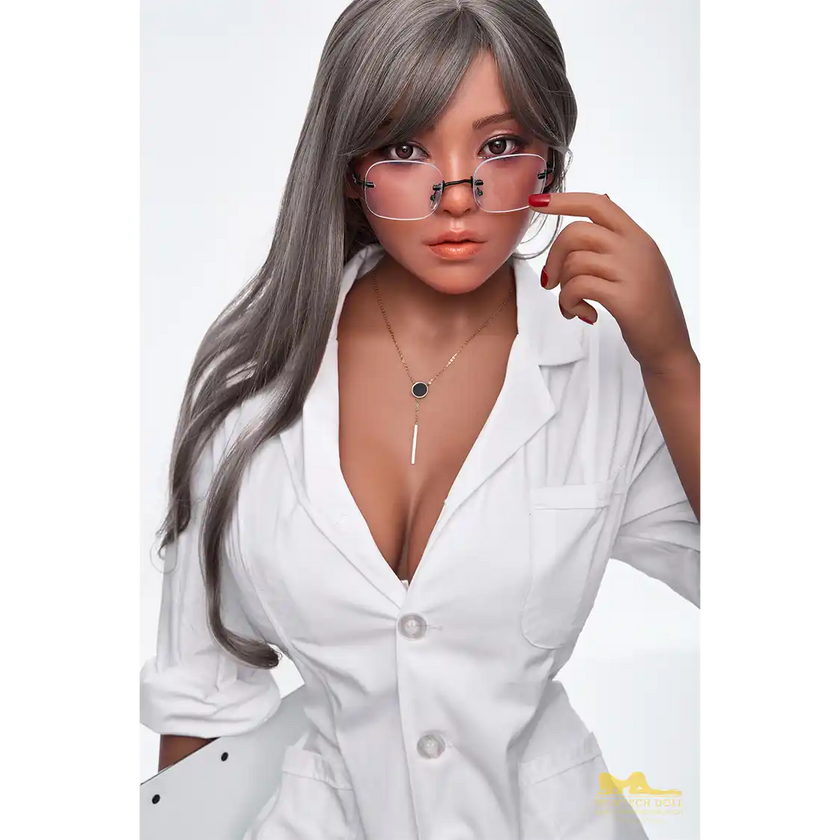 5ft 5in or 164cm curvy hybrid sex doll with long legs, long silver hair, large breasts and brown eyes in a white labcoat.