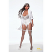 5ft 5in or 164cm curvy hybrid sex doll with long legs, long silver hair, large breasts and brown eyes in a white labcoat.