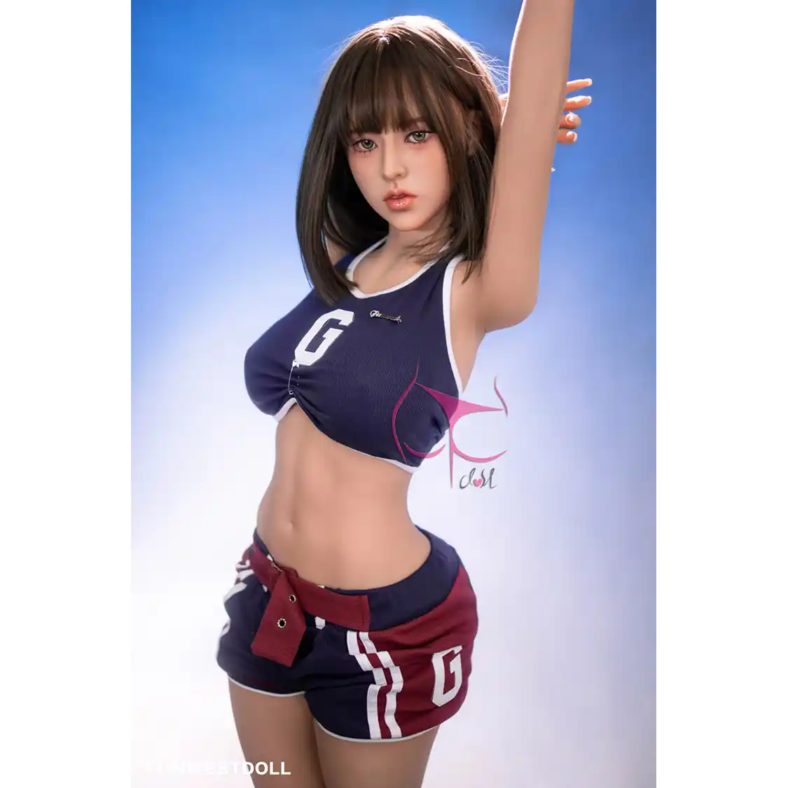 5ft 5in 155cm Asian female TPE sex doll with black hair, F-cup breasts and a slim athletic figure in a sports outfit.