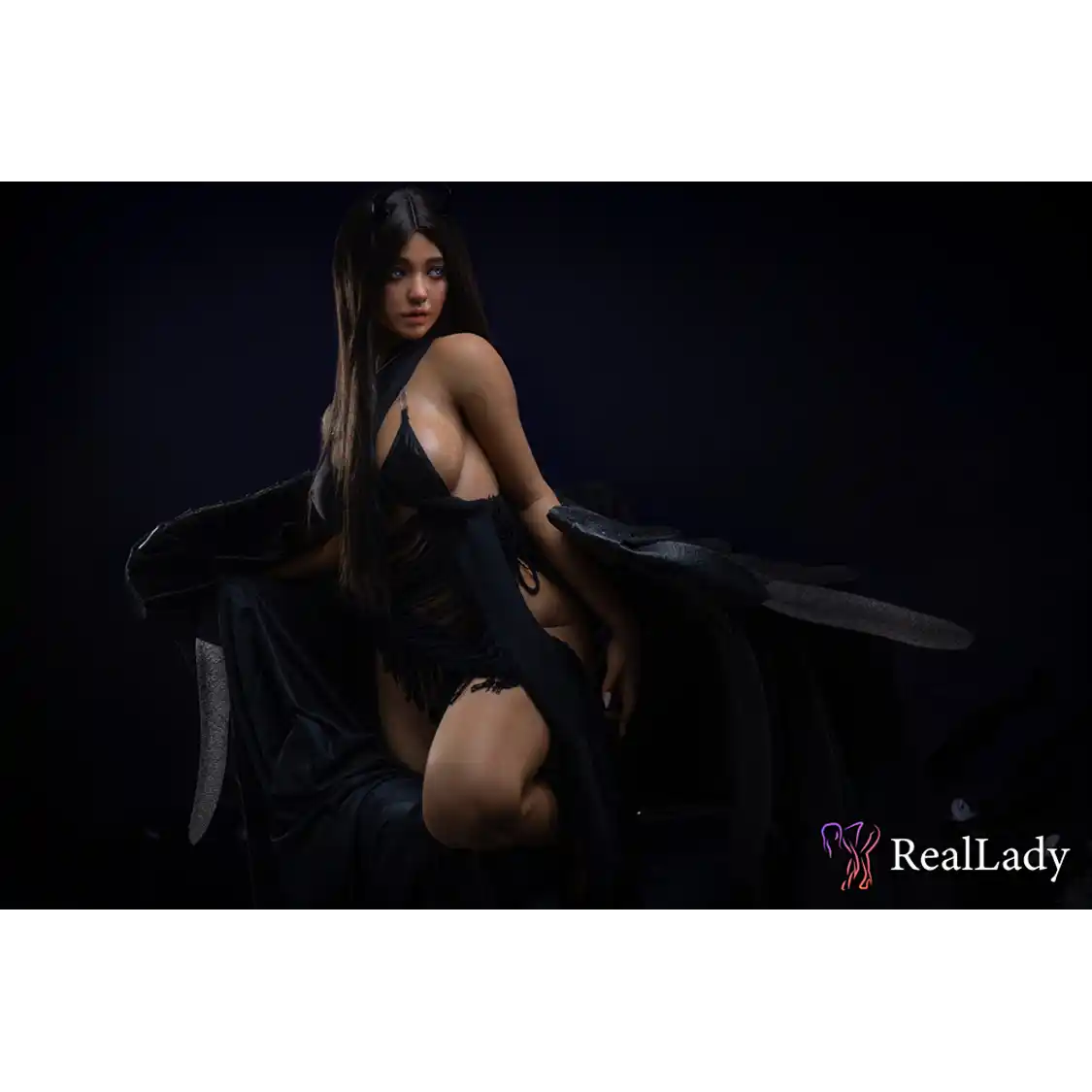 5ft 7in or 170cm athletic hyper realistic Asian silicone sex doll with long legs, long black hair, medium sized breasts, and blue eyes in black lingerie.