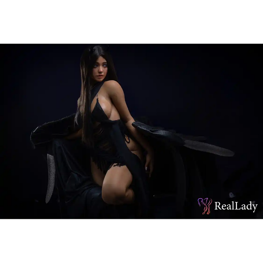 5ft 7in or 170cm athletic hyper realistic Asian silicone sex doll with long legs, long black hair, medium sized breasts, and blue eyes in black lingerie.