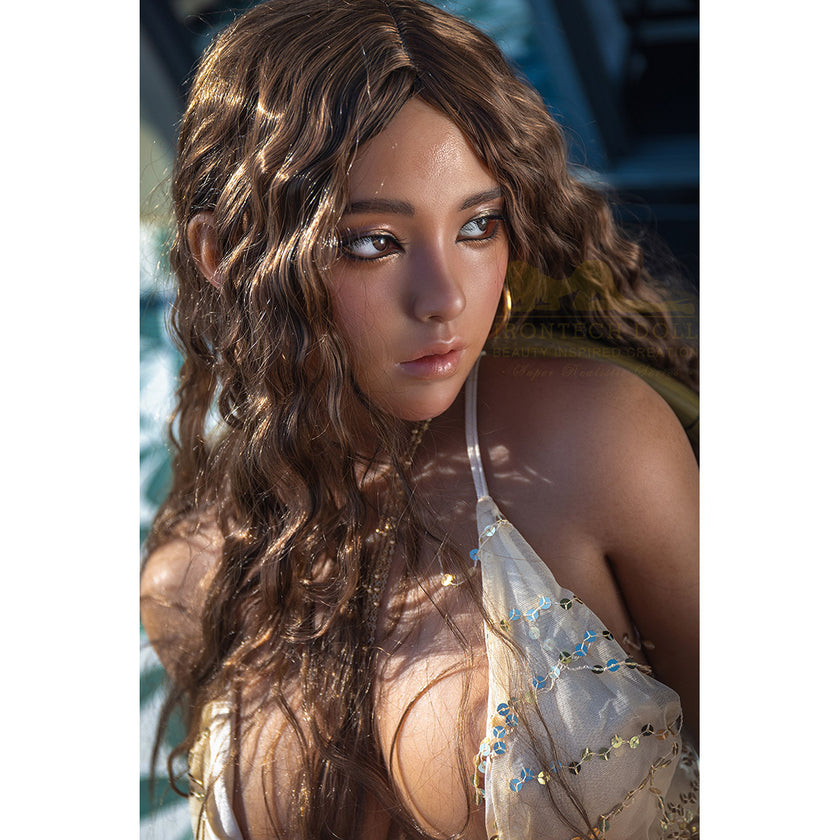 Eileen is a 5ft 5in or 164cm ultra realistic silicone sex doll with long legs, big breasts, a very curvy figure tanned skin and dark wavy hair