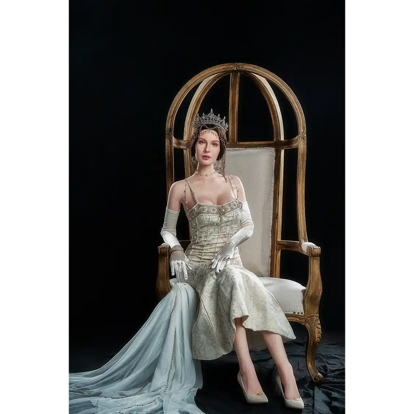 5ft 7in 170cm white female MILF silicone sex doll with brown hair C-cup breasts, and a slim athletic figure in an elegant dress.