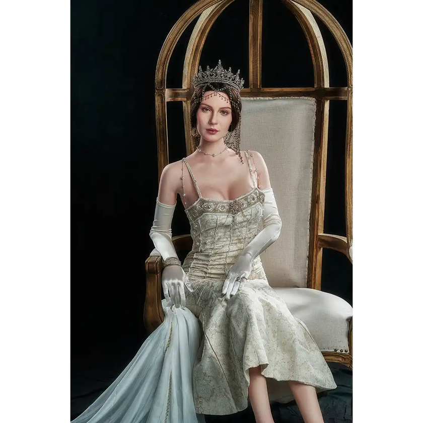 5ft 7in 170cm white female MILF silicone sex doll with brown hair C-cup breasts, and a slim athletic figure in an elegant dress.