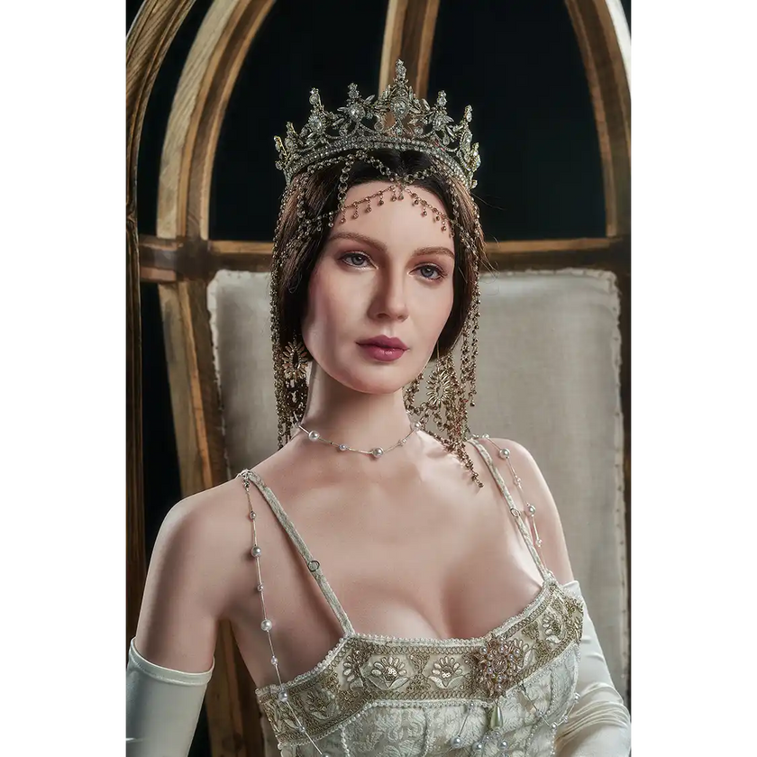 5ft 7in 170cm white female MILF silicone sex doll with brown hair C-cup breasts, and a slim athletic figure in an elegant dress.