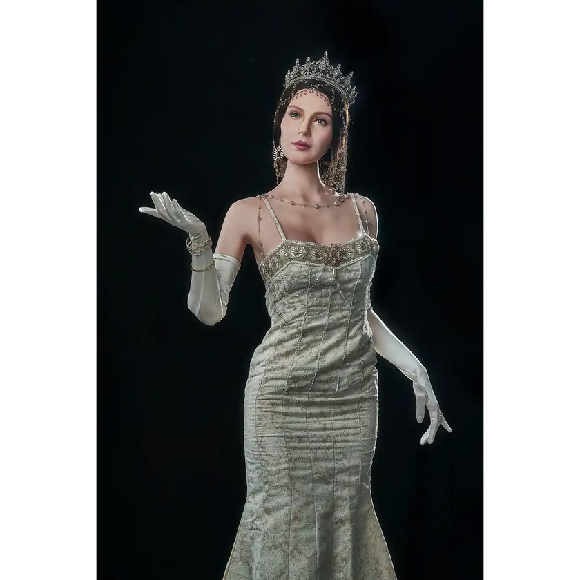5ft 7in 170cm white female MILF silicone sex doll with brown hair C-cup breasts, and a slim athletic figure in an elegant dress.