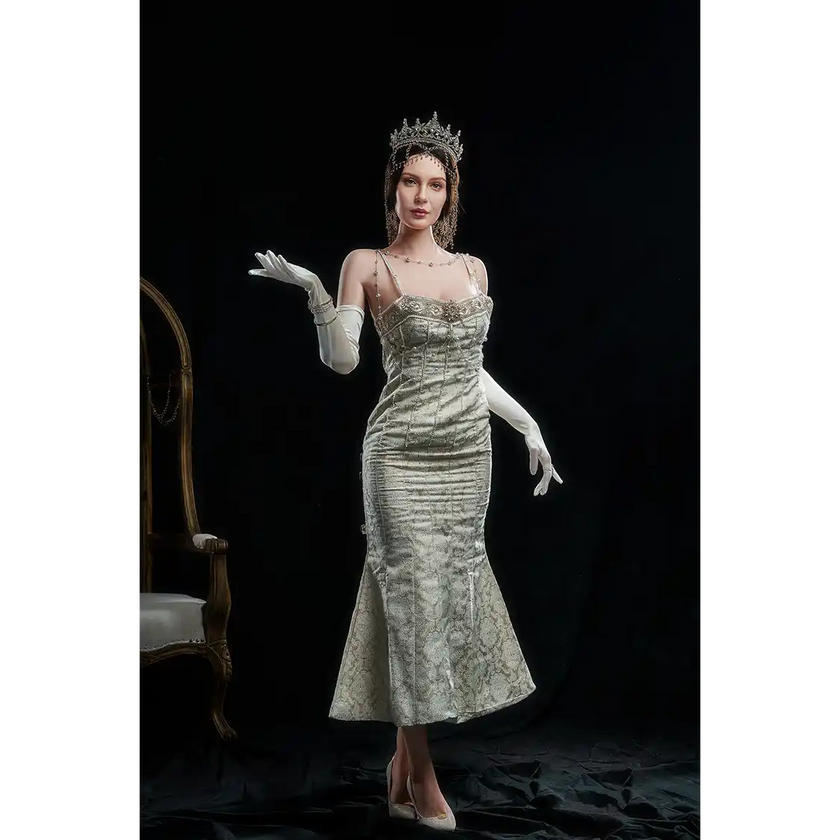 5ft 7in 170cm white female MILF silicone sex doll with brown hair C-cup breasts, and a slim athletic figure in an elegant dress.