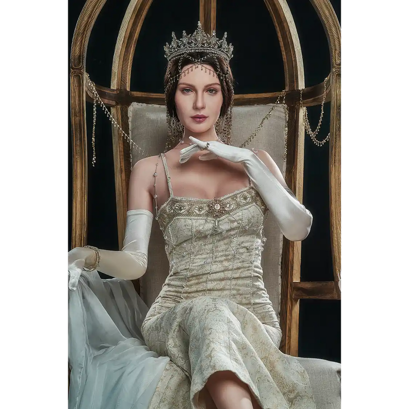 5ft 7in 170cm white female MILF silicone sex doll with brown hair C-cup breasts, and a slim athletic figure in an elegant dress.