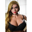 4ft 10in 148cm white female tpe sex doll with long wavy blonde hair, large breasts, and slim figure in a black bra and panties.