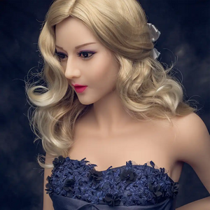 5ft 2in 158cm Asian female TPE sex doll with blonde hair, small breasts and a slim athletic figure in a party dress.