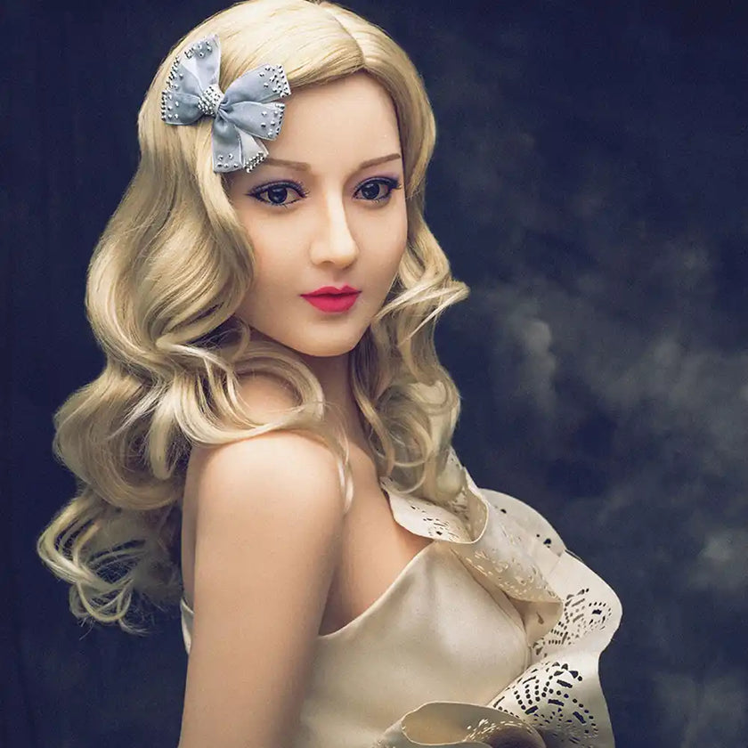 5ft 2in 158cm Asian female TPE sex doll with blonde hair, small breasts and a slim athletic figure in a party dress.