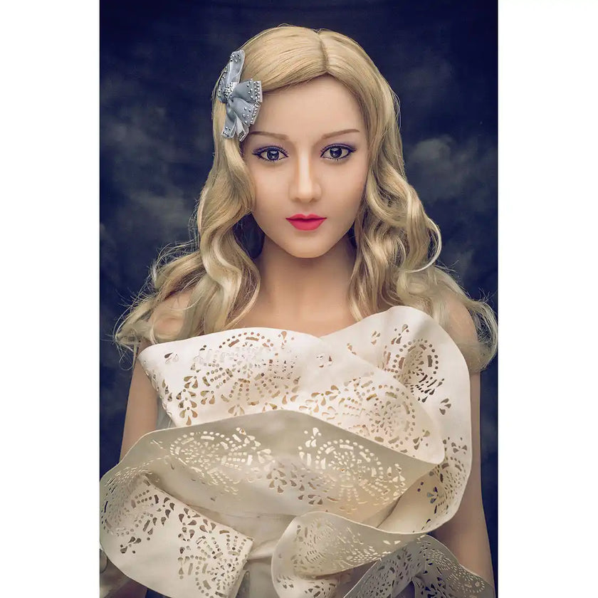 5ft 2in 158cm Asian female TPE sex doll with blonde hair, small breasts and a slim athletic figure in a party dress.