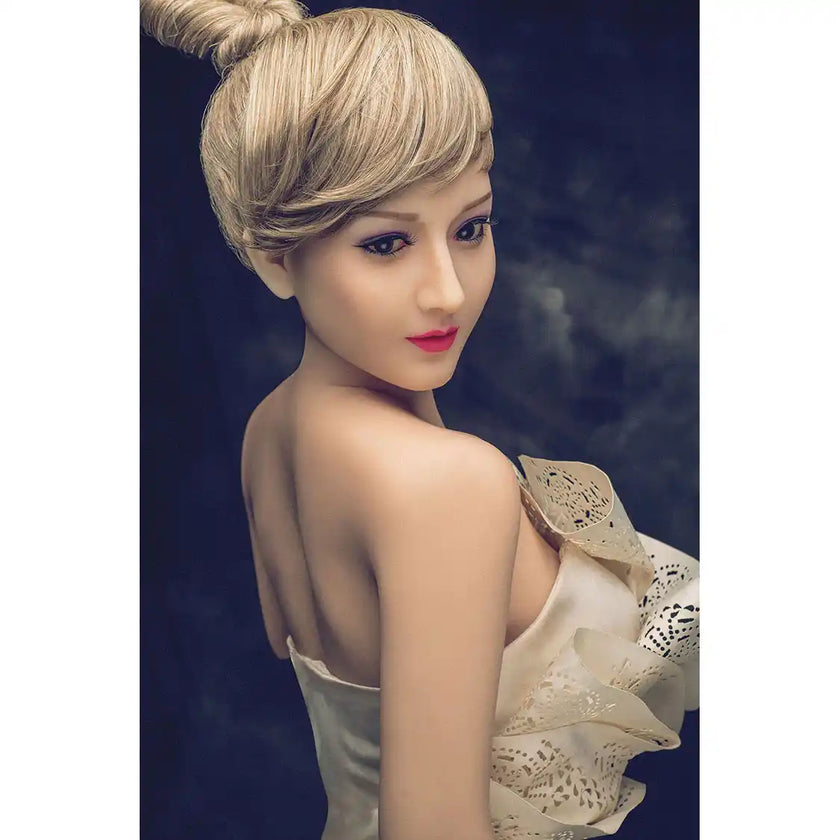 5ft 2in 158cm Asian female TPE sex doll with blonde hair, small breasts and a slim athletic figure in a party dress.