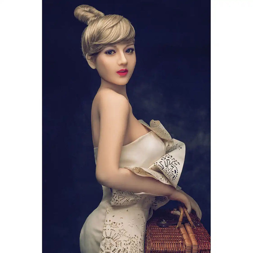 5ft 2in 158cm Asian female TPE sex doll with blonde hair, small breasts and a slim athletic figure in a party dress.