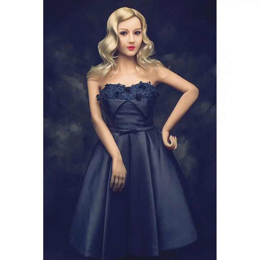 5ft 2in 158cm Asian female TPE sex doll with blonde hair, small breasts and a slim athletic figure in a party dress.