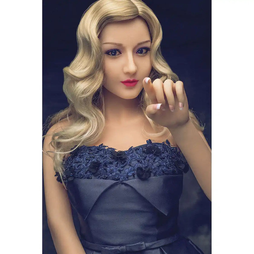 5ft 2in 158cm Asian female TPE sex doll with blonde hair, small breasts and a slim athletic figure in a party dress.
