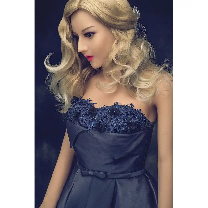 5ft 2in 158cm Asian female TPE sex doll with blonde hair, small breasts and a slim athletic figure in a party dress.