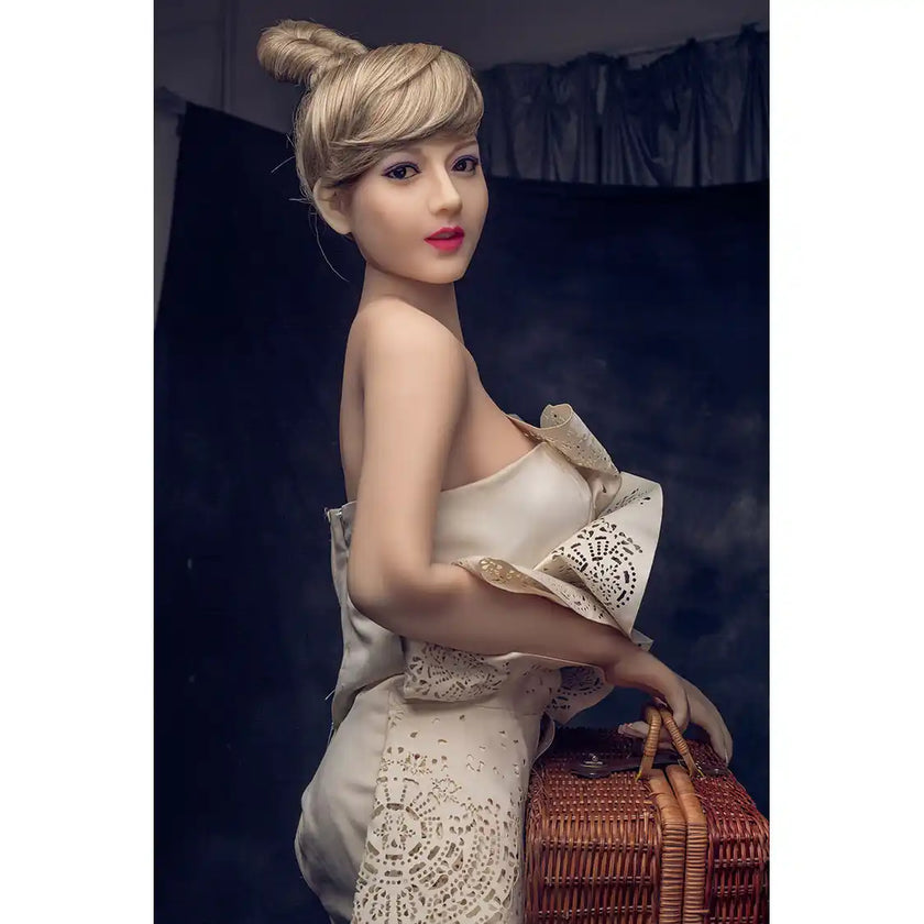 5ft 2in 158cm Asian female TPE sex doll with blonde hair, small breasts and a slim athletic figure in a party dress.