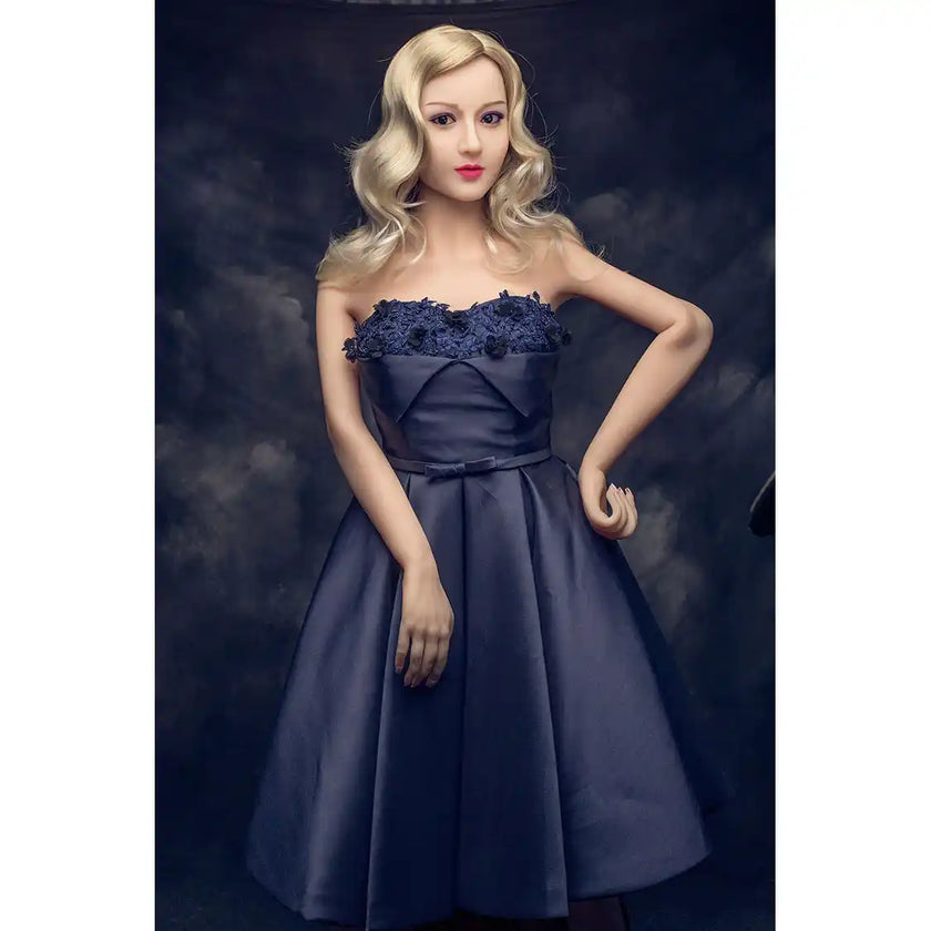 5ft 2in 158cm Asian female TPE sex doll with blonde hair, small breasts and a slim athletic figure in a party dress.